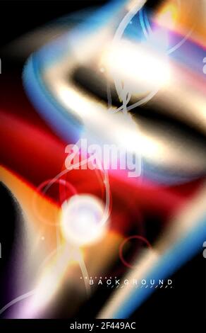Color shiny light effects on black, liquid style multicolored wavy shape. Color shiny light effects on black, liquid style multicolored wavy shape. Artistic illustration for presentation, app wallpaper, banner or poster, geometric design Stock Vector