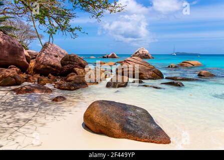 geography / travel, Seychelles, Praslin, Anse Lazio, beach with granite rocks, Additional-Rights-Clearance-Info-Not-Available Stock Photo