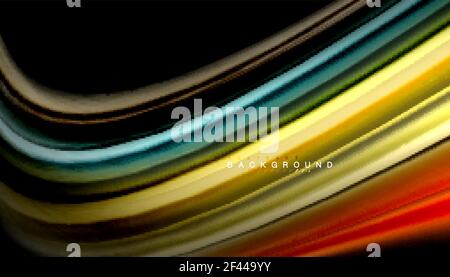 Fluid mixing colors, vector wave abstract background. Abstract wave lines fluid rainbow style color stripes on black background. Vector artistic illustration for presentation, app wallpaper, banner or poster Stock Vector