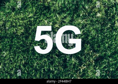 Inscription 5G on moss, green grass background. Top view. Banner. Biophilia concept. Network Internet, mobile wireless business concept. 5G standard Stock Photo
