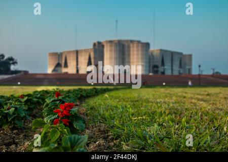 Grand building of Bangladesh National Parliament or Jatiya Sangsad Bhaban, located at Sher-e-Bangla Nagar. Design by architect Louis Kahn . Stock Photo