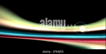 Color shiny light effects on black, liquid style multicolored wavy shape. Color shiny light effects on black, liquid style multicolored wavy shape. Artistic illustration for presentation, app wallpaper, banner or poster, geometric design Stock Vector