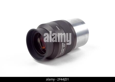 Telescope eyepiece on white background, isolate, close-up. Stock Photo