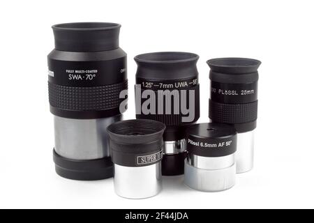 Alchevsk Ukrain - 18 March 2021: Telescope eyepieces on white background, isolate, close-up. Stock Photo