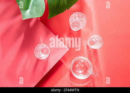 Glasses of water top view summer composition on bright red background. Still life with monstera palm leaf and long shadows, with copy space Stock Photo