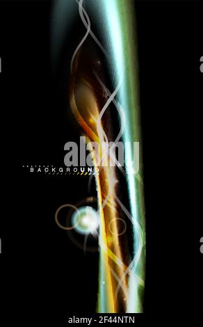 Color shiny light effects on black, liquid style multicolored wavy shape. Color shiny light effects on black, liquid style multicolored wavy shape. Artistic illustration for presentation, app wallpaper, banner or poster, geometric design Stock Vector