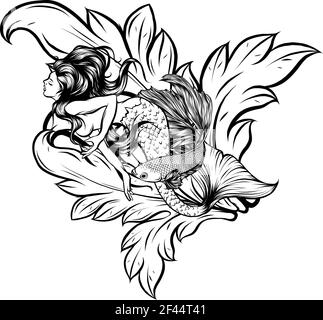 draw in black and white of Beauty haired siren mermaid vector illustration Stock Vector