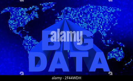 BIG DATA lettering in blue design - letters in front of a world map over mosaic background - cloud computing and data storage concept Stock Photo