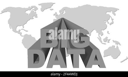 BIG DATA lettering in gray design - letters in front of a world map on white background - cloud computing and data storage concept - 3D Illustration Stock Photo