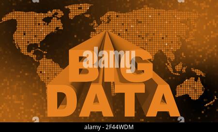 BIG DATA lettering in orange design - letters in front of a world map over mosaic background - cloud computing and data storage concept Stock Photo