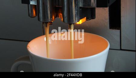 modern fully automatic coffee machine brews fresh delicious coffee from a double nozzle Stock Photo