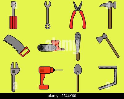 Set of 12 icons with work tools Stock Photo