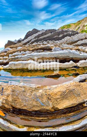 Steeply-tilted Layers of Flysch, Flysch Cliffs, Basque Coast UNESCO Global Geopark, European Geopark Network, Zumaia, Guipúzcoa, Basque Country, Spain Stock Photo