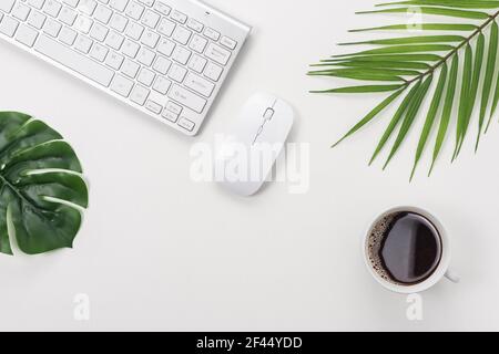 Workspace with computer keyboard, office supplies, green leaf, and coffee cup on white background. Stock Photo