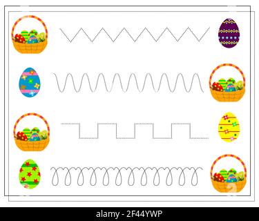 Practice handwriting, circle the line. Easter eggs, Easter basket. Vector isolated on a white background Stock Vector
