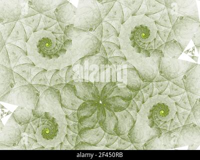 Green floral and spiral stained glass abstract fractal background. Kaleidoscopic tile design. Stock Photo