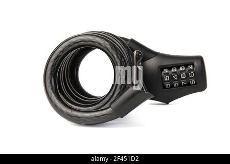 Outdoor black bicycle combination lock isolated on white background. Close-up Stock Photo