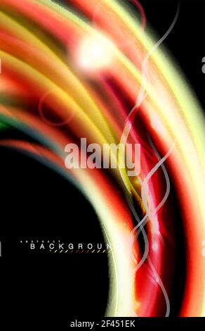 Color shiny light effects on black, liquid style multicolored wavy shape. Color shiny light effects on black, liquid style multicolored wavy shape. Artistic illustration for presentation, app wallpaper, banner or poster, geometric design Stock Vector