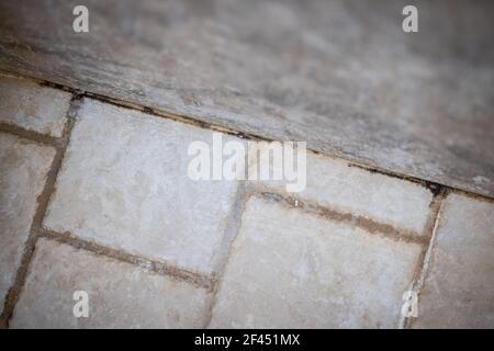 Dirty grout with beige tiles in a bathroom with mold, rust and soap residue. Stock Photo