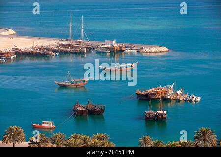 Qatar, Doha, Traditional wooden fishing dhows in Doha Bay Stock Photo