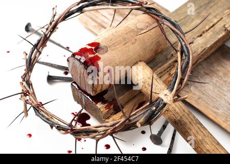 Crown Of Thorns With Wooden Cross, Mallet And Nails On Light Background  Stock Photo, Picture and Royalty Free Image. Image 189057733.