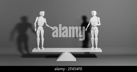 Balance, stability or equality visualization with two abstract, neutral 3D characters, models or figures balancing on a scale, rocker, seesaw or libra Stock Photo