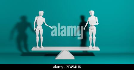 Balance, stability or equality visualization with two abstract, neutral 3D characters, models or figures balancing on a scale, rocker, seesaw or libra Stock Photo