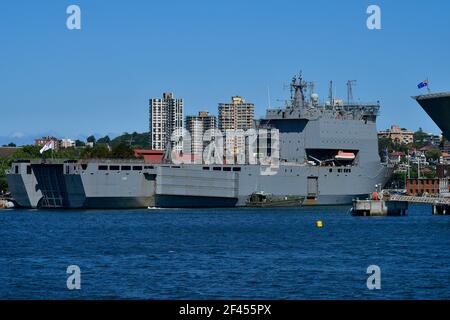 Sydney, NSW, Australia - October 31, 2017: Landing ship HMAS Choules aka L100 in Woolloomooloo wharf, af the Royal Australian navy Stock Photo