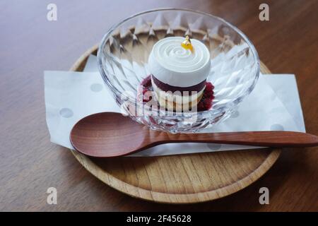 Delicious dessert vacherin with mixed berries sorbet, vanilla ice cream and vodka. Stock Photo