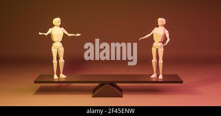 Balance, stability or equality visualization with two abstract neutral 3D characters, models or figures balancing on a scale, rocker, seesaw or libra Stock Photo