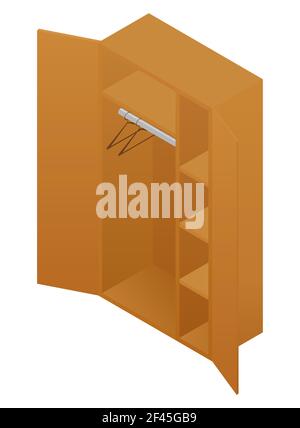 Empty isometric wardrobe, brown rustic furniture. Vector illustration cabinet, isolated on white. Stock Vector