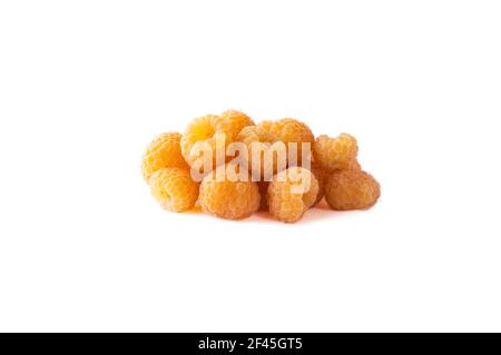 Raspberry isolation. Yellow raspberries isolated on white. Juicy and delicious yellow raspberry with copy space for text. Immunity system improvement. Stock Photo