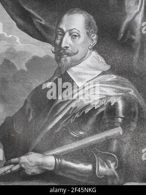 Gustavus Adolphus of Sweden. Medieval engraving. Gustavus Adolphus (1594 – 1632), also known in English as Gustav II Adolf or Gustav II Adolph, was the King of Sweden from 1611 to 1632, and is credited for the rise of Sweden as a great European power. During his reign, Sweden became one of the primary military forces in Europe during the Thirty Years' War, helping to determine the political and religious balance of power in Europe. He was formally and posthumously given the name Gustavus Adolphus the Great by the Riksdag of the Estates in 1634. Stock Photo