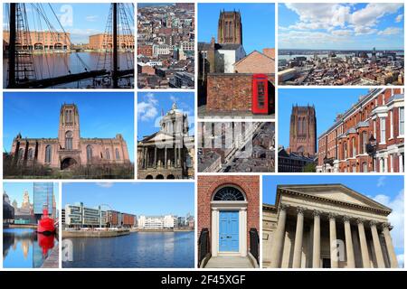 Travel photo collage from Liverpool, UK. Collage includes major landmarks like the cathedral, Albert Dock and Port Authority. Stock Photo