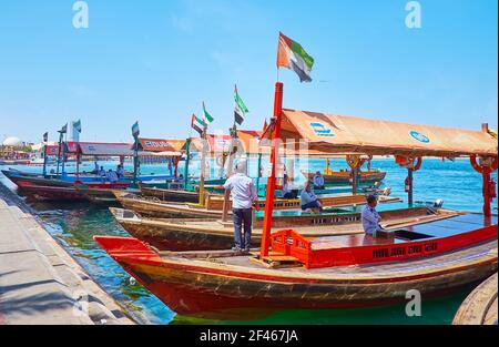 DUBAI, UAE - MARCH 8, 2020: The old wooden public abra boats