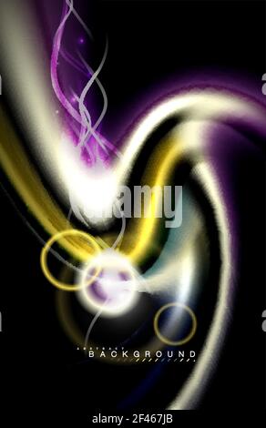 Color shiny light effects on black, liquid style multicolored wavy shape. Color shiny light effects on black, liquid style multicolored wavy shape. Artistic illustration for presentation, app wallpaper, banner or poster, geometric design Stock Vector