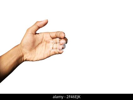 Young man hand holding something  isolated on white background with clipping path for work and design Stock Photo