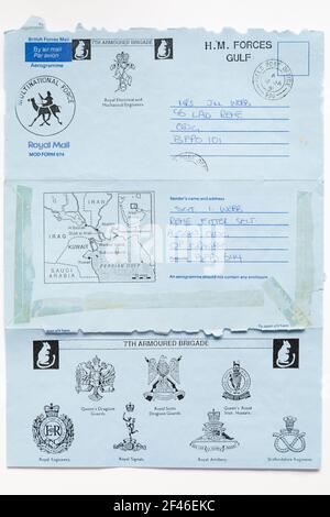 Gulf War British Bluey Forces airmail letter sent from the Gulf War theatre to family in Germany, with 7th Armoured Brigade Unit stamps. Stock Photo