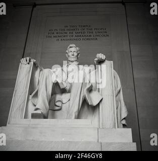 1960s, historical picture of the marble statue of Arabaham Lincoln, with inscription, Washington DC, USA, known as the Lincoln Memorial. Stock Photo