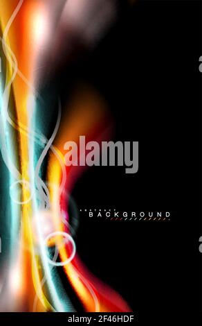 Color shiny light effects on black, liquid style multicolored wavy shape. Color shiny light effects on black, liquid style multicolored wavy shape. Artistic illustration for presentation, app wallpaper, banner or poster, geometric design Stock Vector