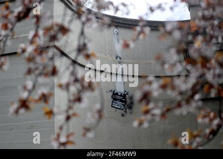 A black-and-white stencilled image of a typewriter which has appeared on the wall of a Bridge in Reading, Berkshire. The piece of art is similar to the Banksy mural which appeared on Reading Prison earlier this month. Picture date: Friday March 19, 2021. Stock Photo