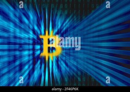 yellow bitcoin and blue binary numbers on digital screen background Stock Photo