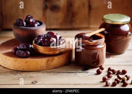 Hazelnut Chocolate Date Spread (vegan and sugar-free) Stock Photo