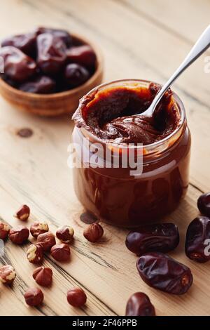 Hazelnut Chocolate Date Spread (vegan and sugar-free) Stock Photo