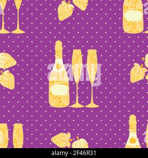 Champagne and strawberry vector seamless pattern background. Elegant gold purple backdrop with fizz, champagne flutes,bottles, strawberries fruit Stock Vector