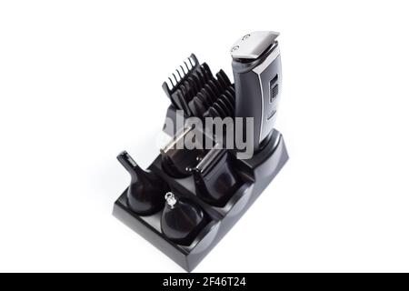 Professional set for barber with attachments isolated on a white background. Stock Photo