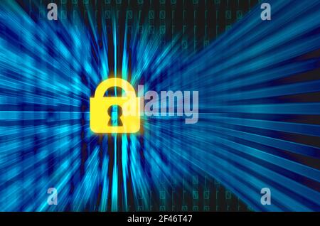 yellow lock and blue binary numbers on digital screen background Stock Photo