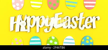 Happy Easter greeting card banner concept with text message and eater painted eggs over yellow background Stock Photo
