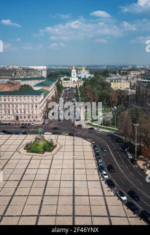 Aerial view of Bohdan Khmelnytsky Monument at Sofievskaya Square and St. Michael's Golden-Domed Monastery - Kiev, Ukraine