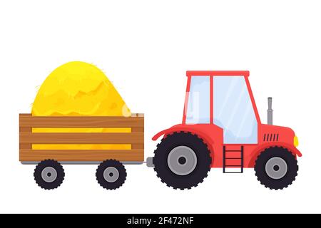 Red tractor with trailer, agriculture equipment in cartoon style isolated on white background. Country vehicle, harvest. . Vector illustration Stock Vector
